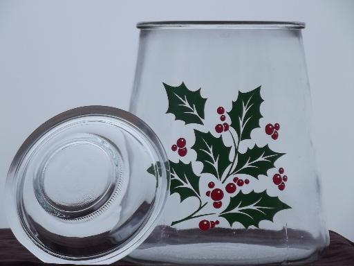 photo of red and green Christmas holly clear glass cookie jar kitchen canister #2