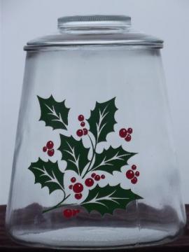 catalog photo of red and green Christmas holly clear glass cookie jar kitchen canister