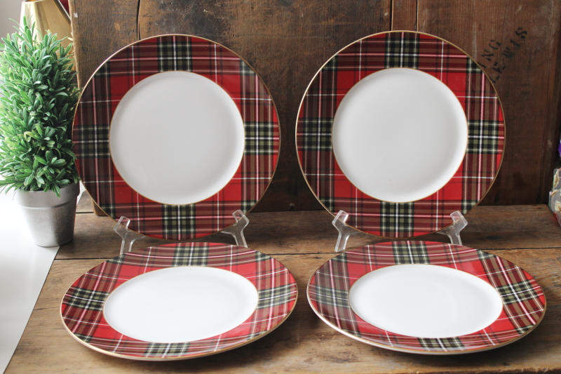 photo of red & green tartan plaid border Wexford pattern china dinner plates set of 4  #1