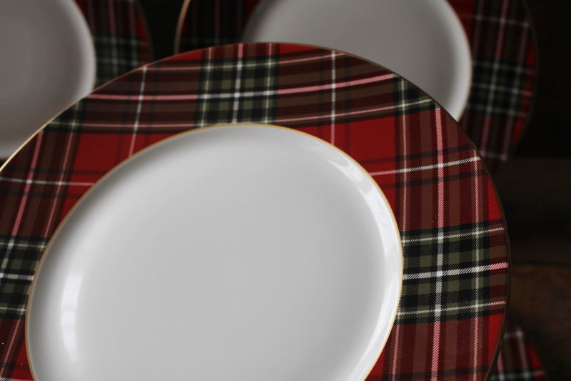 photo of red & green tartan plaid border Wexford pattern china dinner plates set of 4 #2