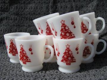 catalog photo of red and white Christmas trees, vintage Hazel Atlas milk glass cups