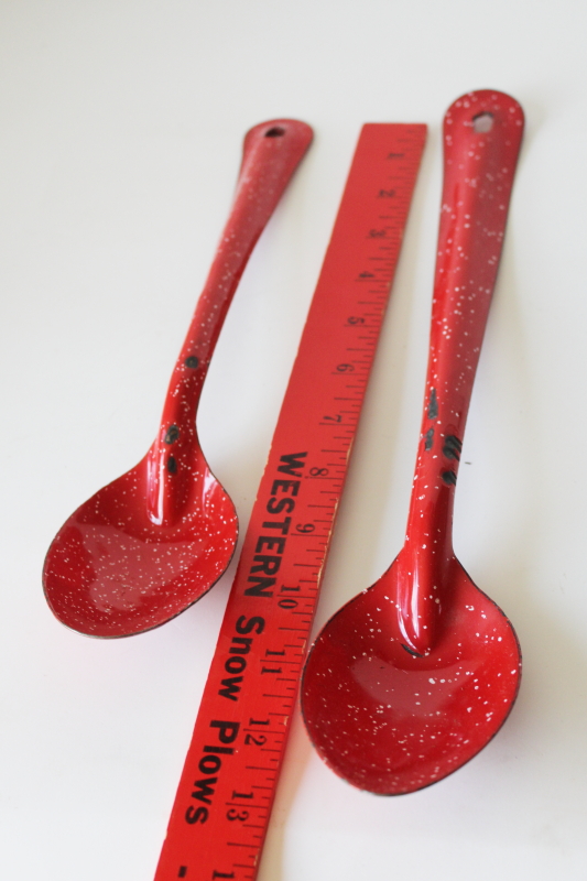 photo of red & white spatter vintage enamelware long handled soup spoons western cowboy camp chuck wagon #2