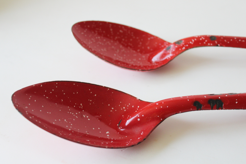 photo of red & white spatter vintage enamelware long handled soup spoons western cowboy camp chuck wagon #3