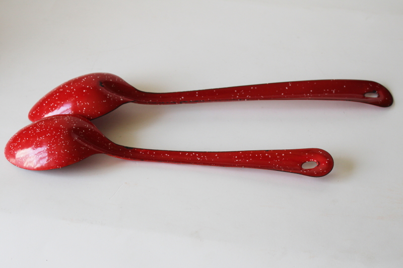 photo of red & white spatter vintage enamelware long handled soup spoons western cowboy camp chuck wagon #4