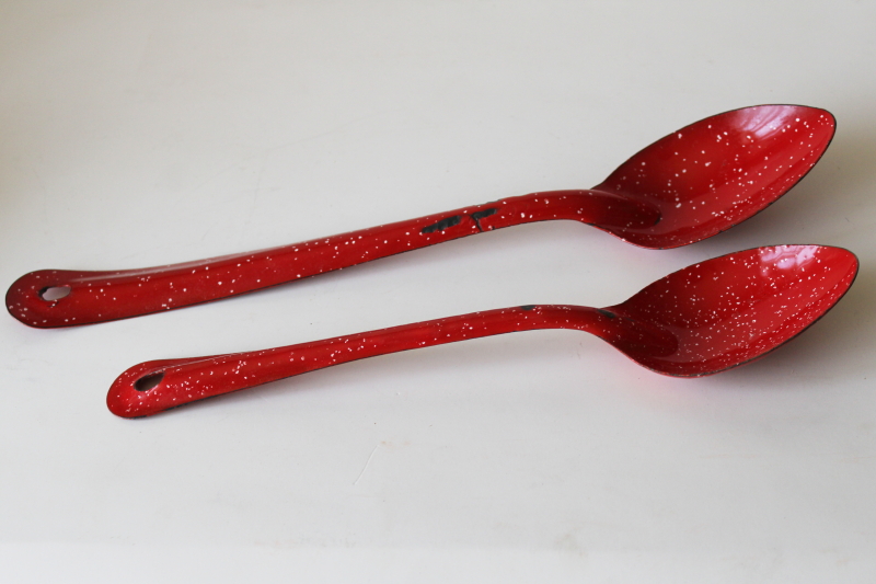 photo of red & white spatter vintage enamelware long handled soup spoons western cowboy camp chuck wagon #5