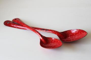 catalog photo of red & white spatter vintage enamelware long handled soup spoons western cowboy camp chuck wagon 
