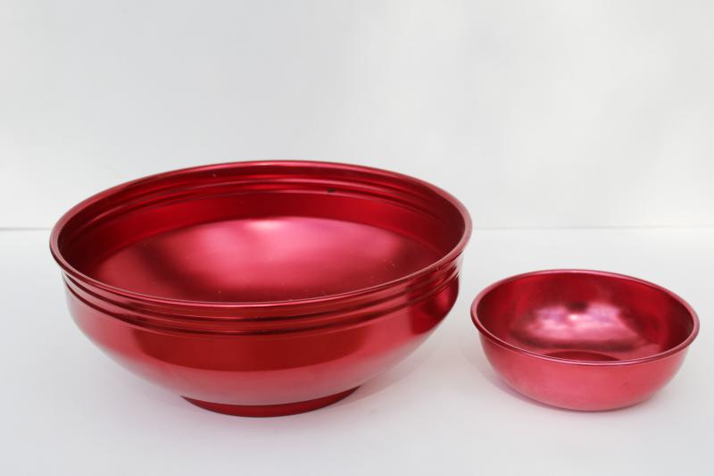 photo of red anodized aluminum chip & dip bowls party set, mid-century vintage West Bend  #1