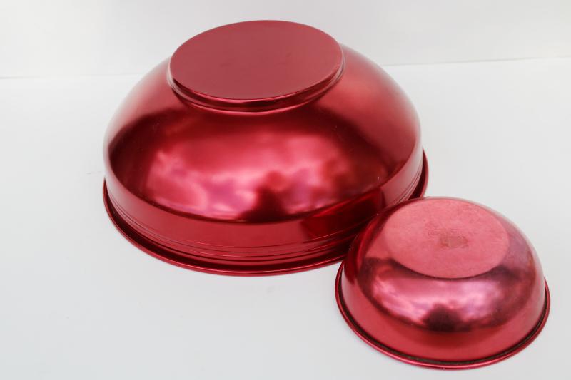 photo of red anodized aluminum chip & dip bowls party set, mid-century vintage West Bend  #5