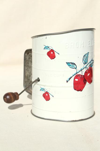 photo of red apple print kitchen sifter, 40s 50s vintage Bromwell's flour sifter #1