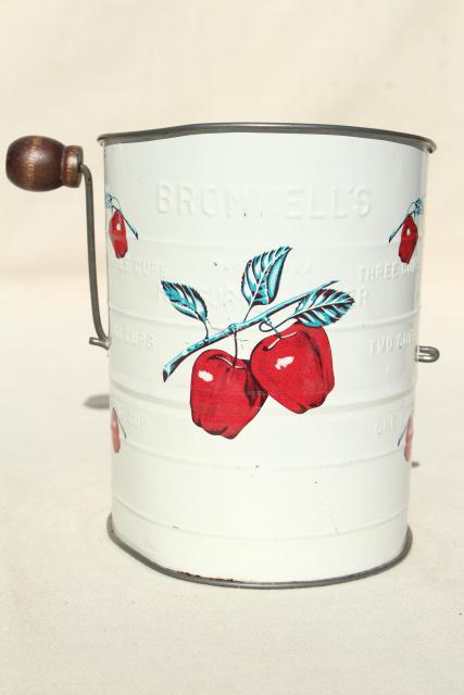 photo of red apple print kitchen sifter, 40s 50s vintage Bromwell's flour sifter #2