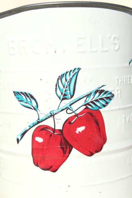 photo of red apple print kitchen sifter, 40s 50s vintage Bromwell's flour sifter #8