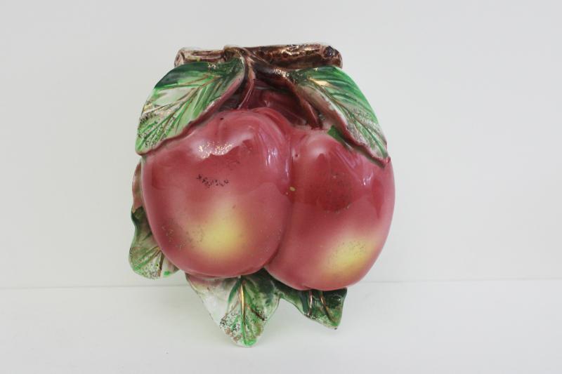 photo of red apples vintage Japan painted china wall pocket vase, decorative plaque #1