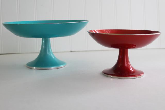 photo of red & aqua vintage enamel dessert stands pedestal bowls, Scandi mod Emalox Norway #1