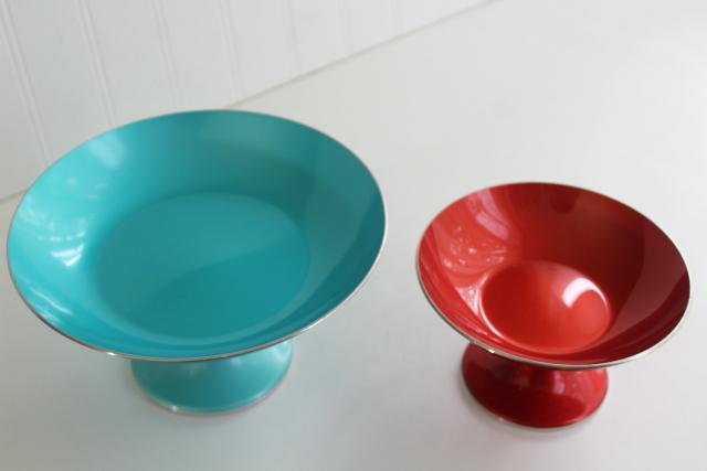 photo of red & aqua vintage enamel dessert stands pedestal bowls, Scandi mod Emalox Norway #2