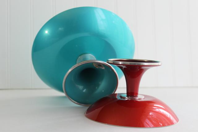 photo of red & aqua vintage enamel dessert stands pedestal bowls, Scandi mod Emalox Norway #3