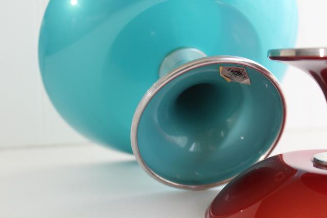 photo of red & aqua vintage enamel dessert stands pedestal bowls, Scandi mod Emalox Norway #4