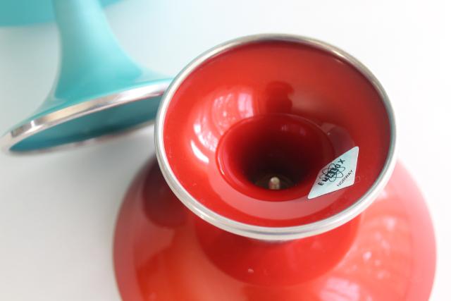 photo of red & aqua vintage enamel dessert stands pedestal bowls, Scandi mod Emalox Norway #5