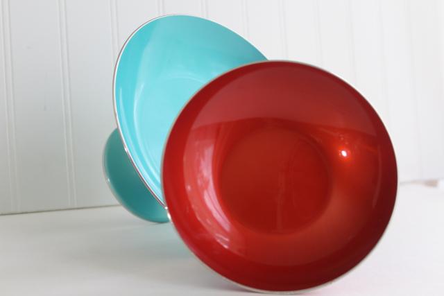 photo of red & aqua vintage enamel dessert stands pedestal bowls, Scandi mod Emalox Norway #6