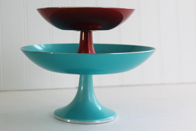 photo of red & aqua vintage enamel dessert stands pedestal bowls, Scandi mod Emalox Norway #7