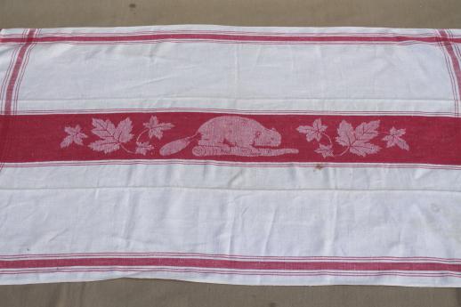 photo of red beaver linen towel, antique vintage woven jacquard kitchen cloth tea towel #1