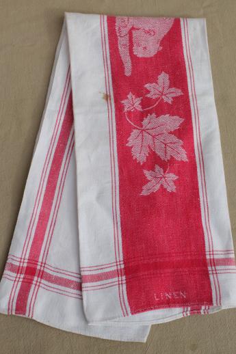 photo of red beaver linen towel, antique vintage woven jacquard kitchen cloth tea towel #2