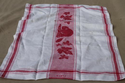 photo of red beaver linen towel, antique vintage woven jacquard kitchen cloth tea towel #3