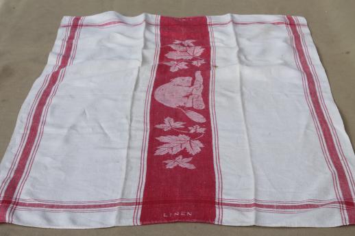 photo of red beaver linen towel, antique vintage woven jacquard kitchen cloth tea towel #4