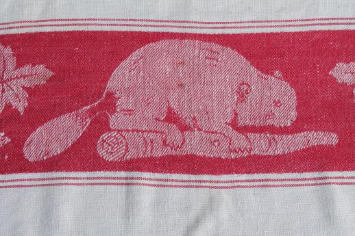 photo of red beaver linen towel, antique vintage woven jacquard kitchen cloth tea towel #6