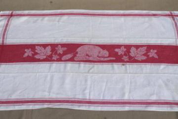 catalog photo of red beaver linen towel, antique vintage woven jacquard kitchen cloth tea towel