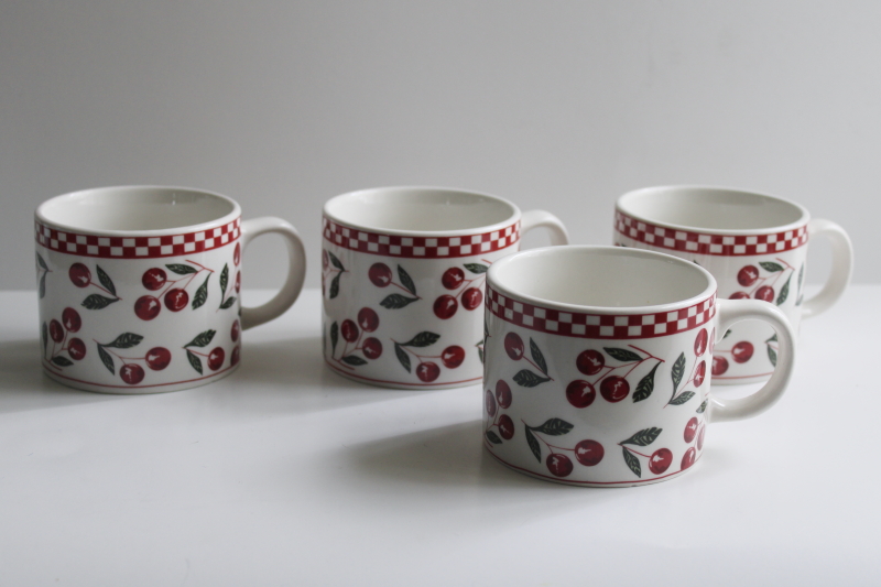 photo of red cherries jubilee print Oneida Majesticware ceramic mugs, vintage set of 4  #1