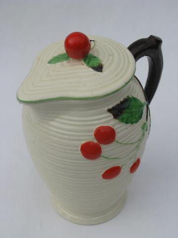 photo of red cherries, vintage Japan majolica style pottery pitcher or coffee pot #3