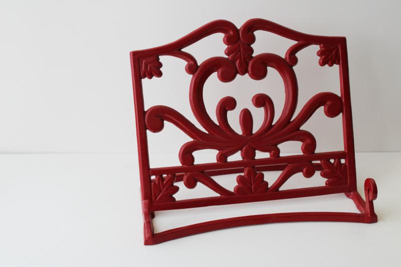 photo of red enamel cast iron easel book stand, kitchen cookbook holder or display rack #1