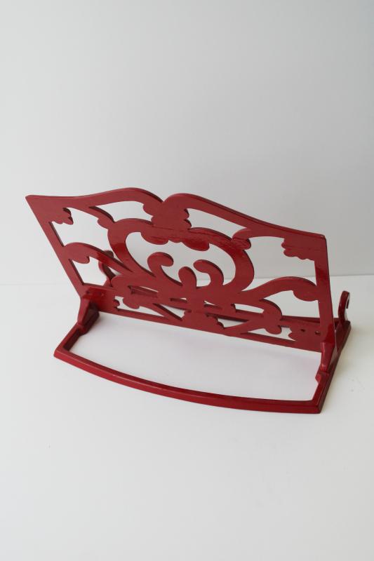 photo of red enamel cast iron easel book stand, kitchen cookbook holder or display rack #3