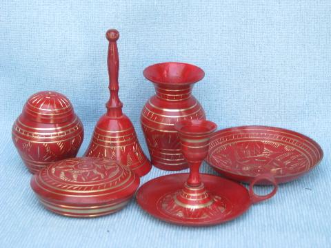 photo of red enameled etched brassware boxes, bell, bowl India solid brass lot #1