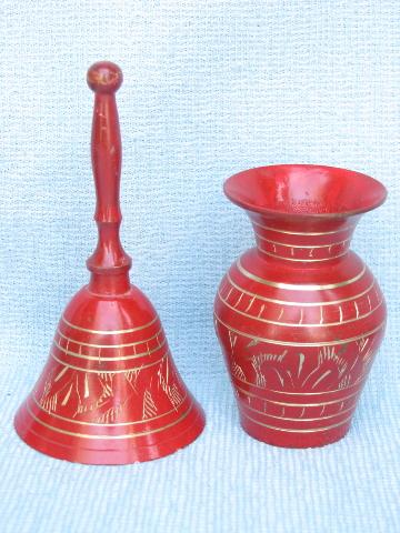 photo of red enameled etched brassware boxes, bell, bowl India solid brass lot #2