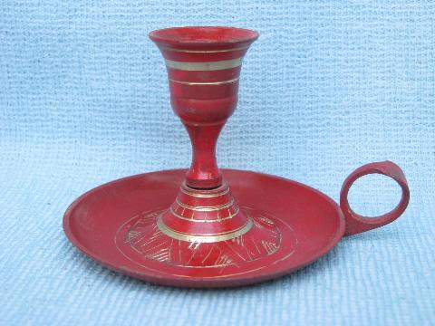 photo of red enameled etched brassware boxes, bell, bowl India solid brass lot #3