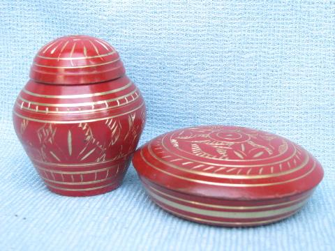 photo of red enameled etched brassware boxes, bell, bowl India solid brass lot #4