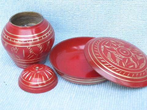 photo of red enameled etched brassware boxes, bell, bowl India solid brass lot #5