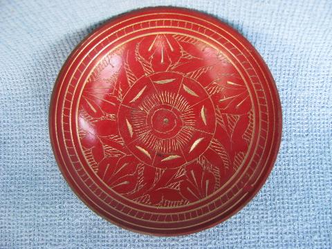 photo of red enameled etched brassware boxes, bell, bowl India solid brass lot #6