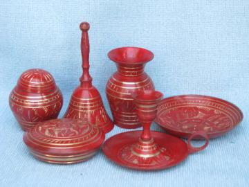 catalog photo of red enameled etched brassware boxes, bell, bowl India solid brass lot