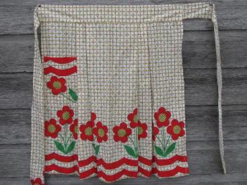 catalog photo of red flowers vintage cotton print kitchen apron, 1950s-60s half-apron