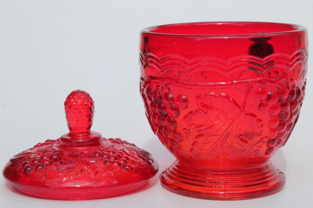 photo of red glass Concord vintage grape pattern Imperial glass candy dish w/ grapes #2