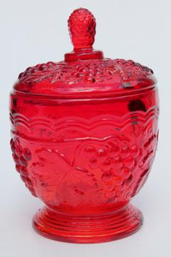 catalog photo of red glass Concord vintage grape pattern Imperial glass candy dish w/ grapes