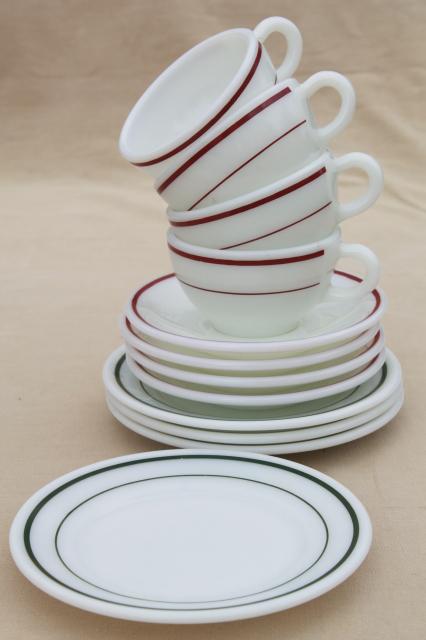 photo of red & green band vintage Pyrex milk glass dishes, coffee cups & dessert plates set for 4 #1