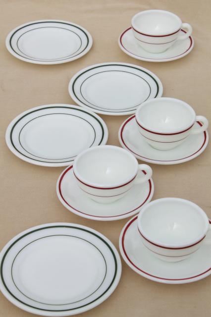 photo of red & green band vintage Pyrex milk glass dishes, coffee cups & dessert plates set for 4 #2