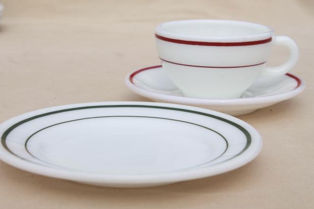 photo of red & green band vintage Pyrex milk glass dishes, coffee cups & dessert plates set for 4 #3