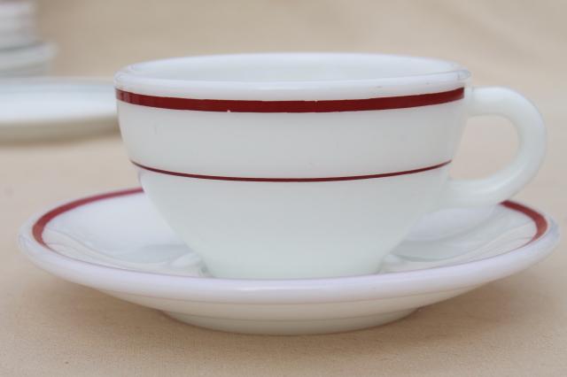 photo of red & green band vintage Pyrex milk glass dishes, coffee cups & dessert plates set for 4 #7