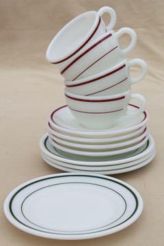 catalog photo of red & green band vintage Pyrex milk glass dishes, coffee cups & dessert plates set for 4