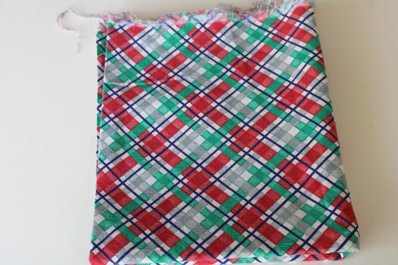 photo of red / green / grey checked plaid print cotton feedsack fabric, 40s 50s vintage #1