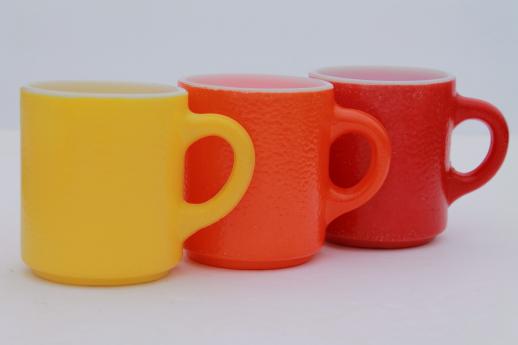 photo of red, orange, yellow vintage heat proof milk glass coffee mug w/ fired on colors #1